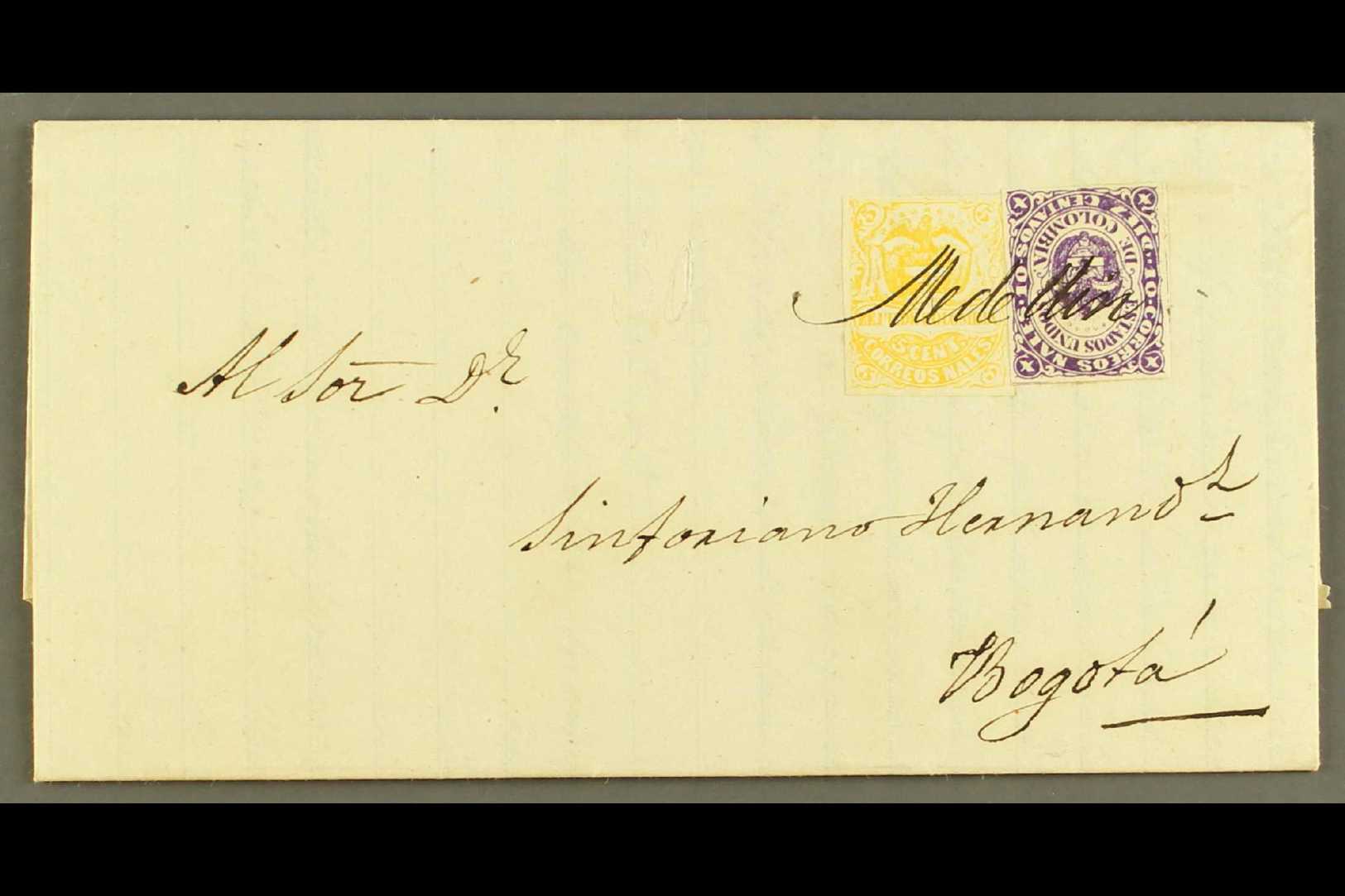 1872 (3 SEP) ENTIRE LETTER  From Medellin To Bogota Bearing 1868 10c Violet Type II, Scott 54c, And 1870 5c Yellow, Scot - Other & Unclassified