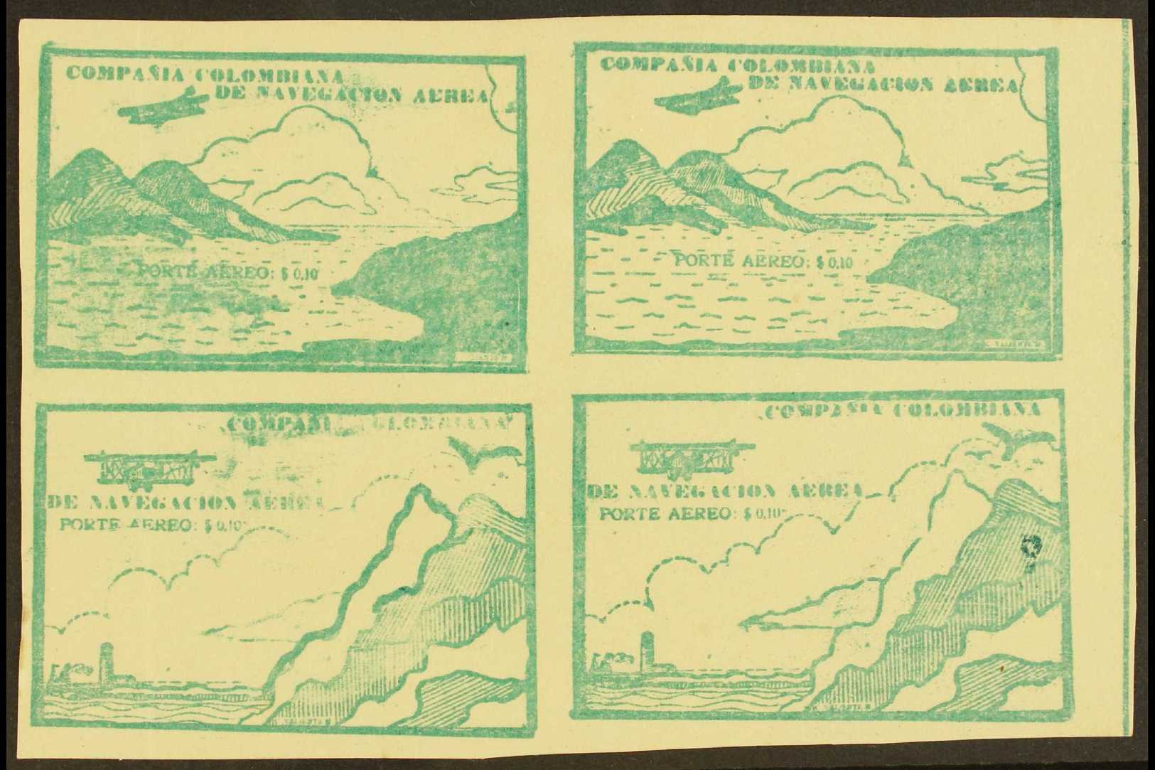 SCADTA  1920 10c Green Marginal Imperf SE-TENANT BLOCK Of 4 (positions 17/18 & 23/24), Containing Two 'Sea And Mountain' - Other & Unclassified