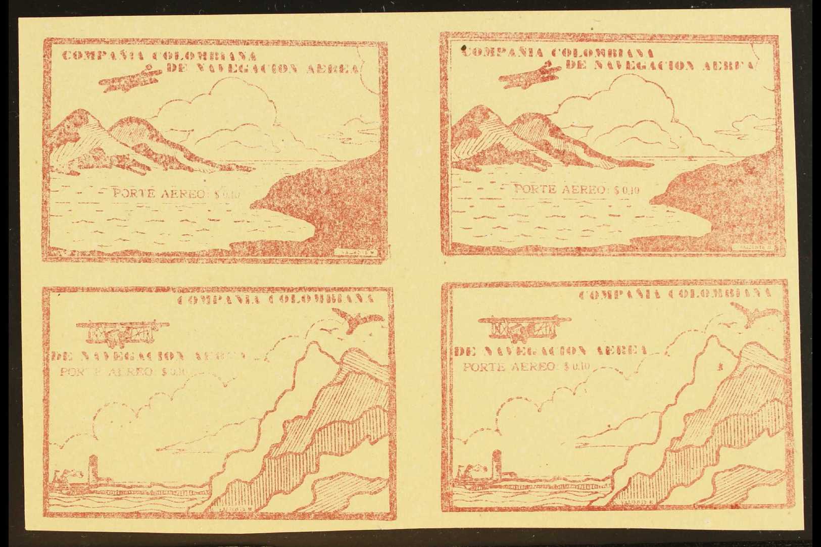 SCADTA  1920 10c Brown-red Imperf SE-TENANT BLOCK Of 4, Containing Two 'Sea And Mountain' And Two 'Cliffs And Lighthouse - Other & Unclassified