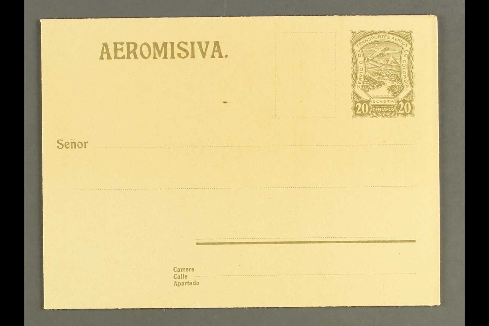 SCADTA  1923 20c Olive- Grey On Dark Buff LETTER SHEET Without Watermark (H&G 1), Very Fine Unused, Scarce! For More Ima - Other & Unclassified