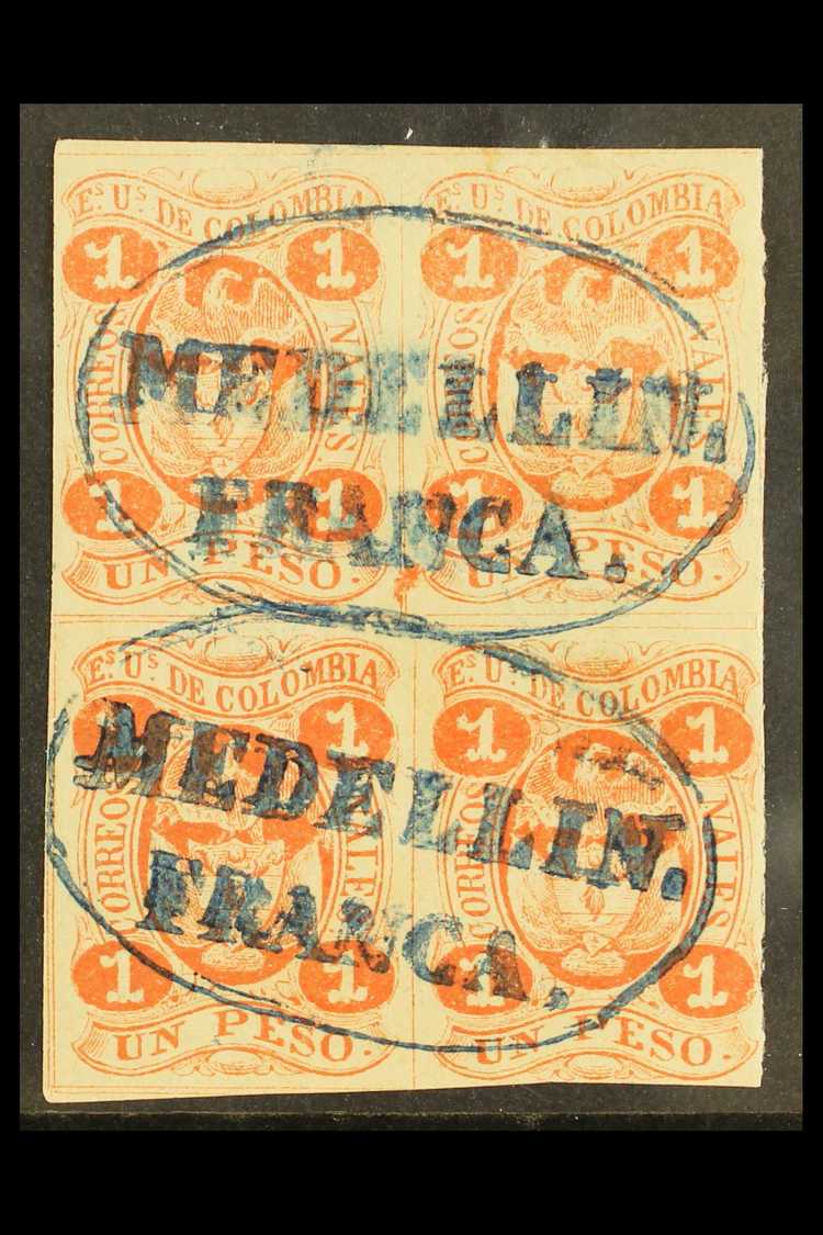UNITED STATES OF COLOMBIA  1866 1p Vermilion, SG 48, Superb Used Block Of 4 With Margins All Round Cancelled With 2 X Bl - Other & Unclassified