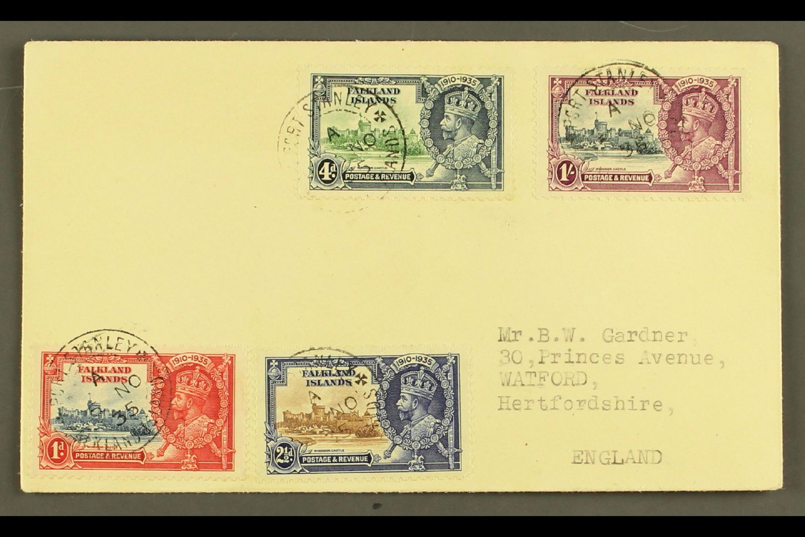 1935  Silver Jubilee Complete Set, SG 139/142, Very Fine Used On Cover To England, Tied By PORT STANLEY / FALKLAND ISLAN - Other & Unclassified