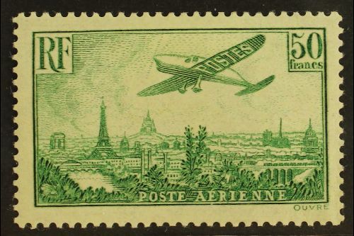 AIRMAILS  1936 50fr Yellow Green "Plane Over Paris", Yv 14, Very Fine And Fresh Mint. For More Images, Please Visit Http - Other & Unclassified