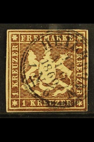 WURTTEMBERG  1859 1kr Brown Imperf Arms On Paper Without Thread, Michel 11a, Fine Used With Four Margins And Neat Circul - Other & Unclassified