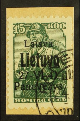 LITHUANIA.  PONEWESCH 1941 15k Dark Green With Black Overprint, Michel 6b, Very Fine Used Tied To Small Piece. Signed Kl - Other & Unclassified