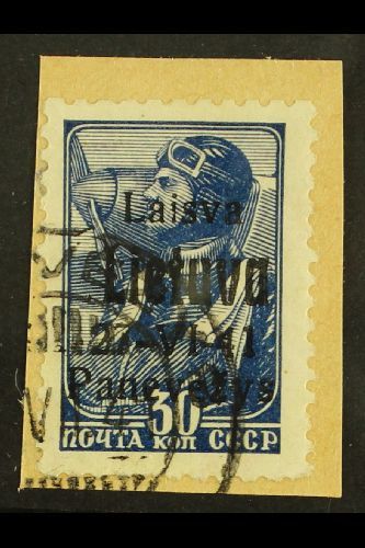 LITHUANIA.  PONEWESCH 1941 30k Blue With Black Overprint, Michel 8b, Very Fine Used Tied To Small Piece. Signed Klein BP - Other & Unclassified