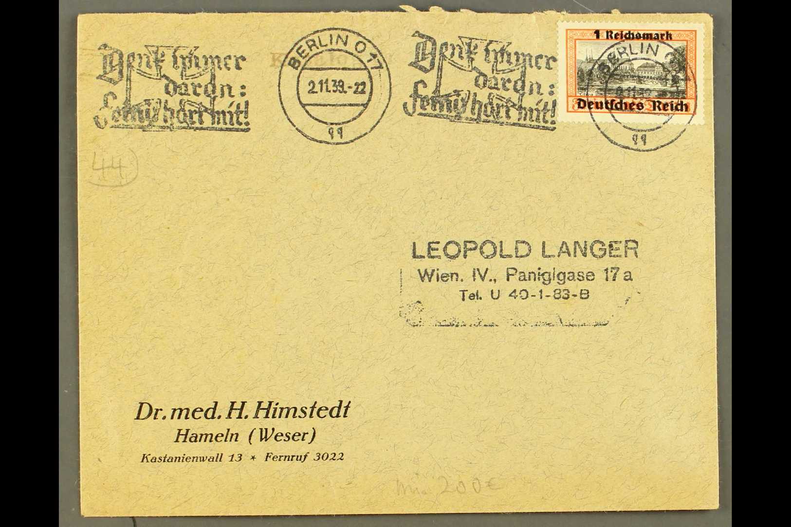 1939 OVERPRINTED ON DANZIG  1m On 1g Black And Orange, SG 716, On A Cover Tied By Forged Berlin Slogan Cancel. For More - Other & Unclassified