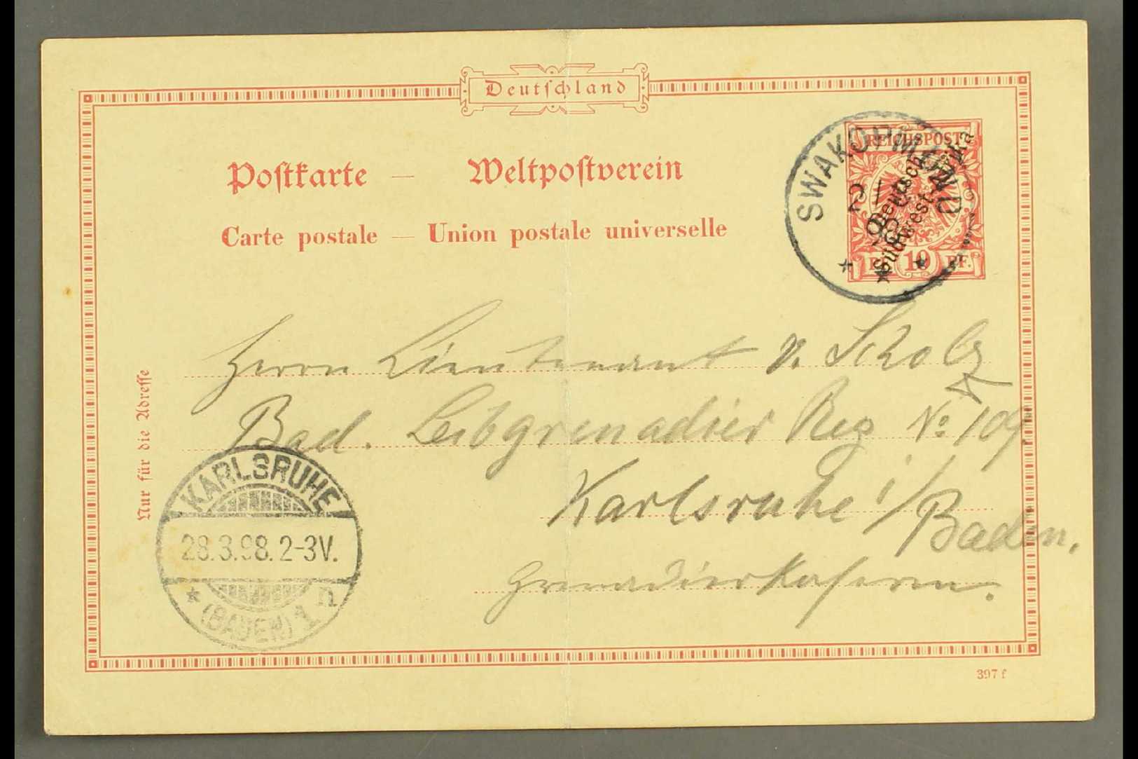 SOUTH WEST AFRICA  1898 (3 Mar) 10pf With Diagonal Opt Postal Stationery Card To Germany Cancelled By Fine "SWAKOPMUND" - Other & Unclassified
