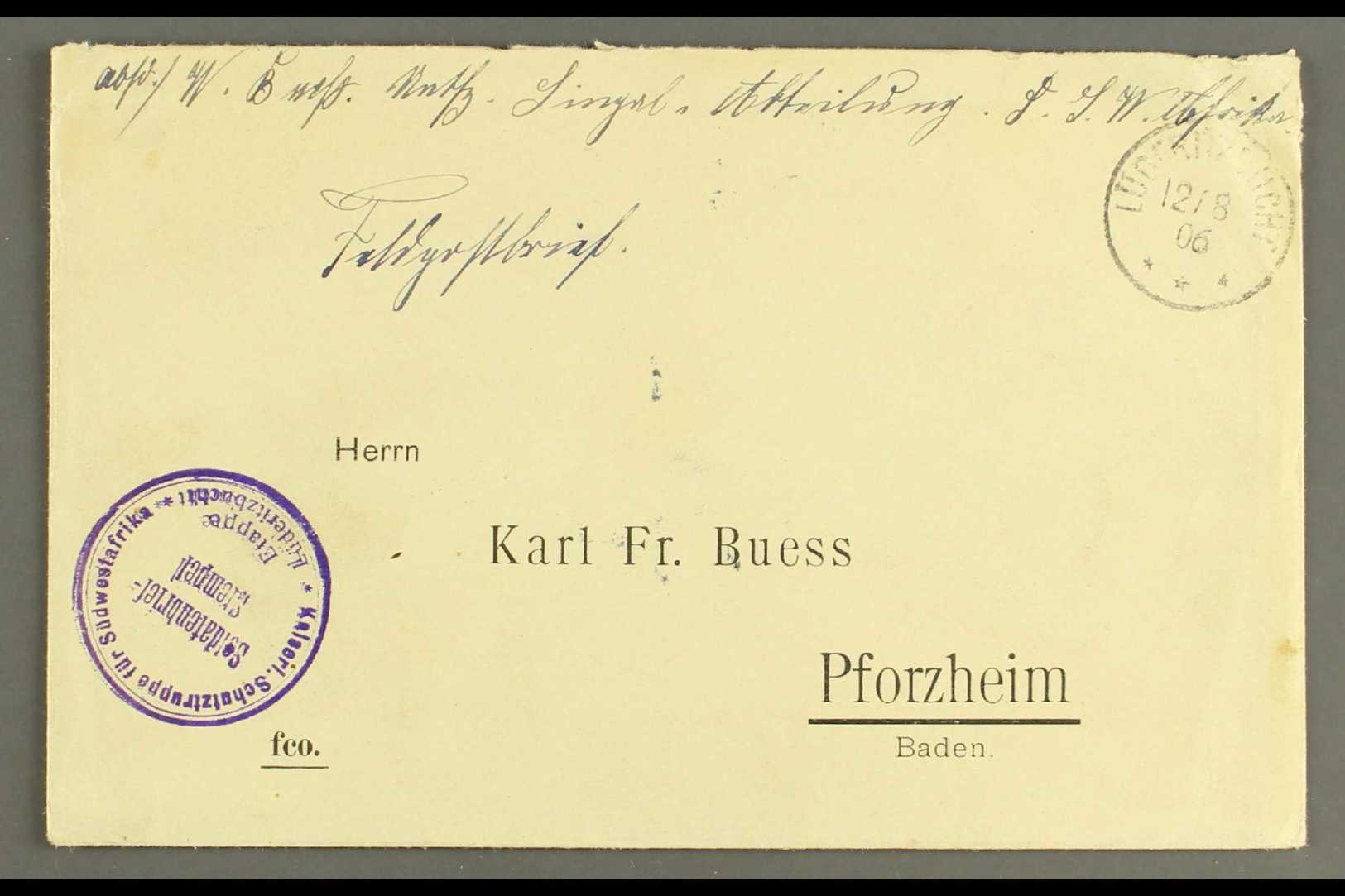 SOUTH WEST AFRICA  1906 (12 Aug) Stampless Feldpost Cover To Germany Showing A Fine "LUDERITZBUCHT" Cds Postmark, The La - Other & Unclassified