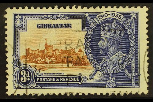 1935  3d Brown And Deep Blue Silver Jubilee, Variety "Short Extra Flagstaff", SG 115b, Fine Used With Cancellation Clear - Other & Unclassified