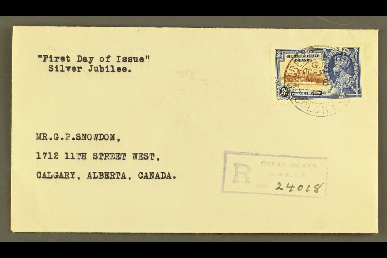 1935  3d Silver Jubilee, SG 38, Fine Used On Reg FDC To Canada, Tied By GILBERT & ELLICE ISLANDS / COLONY Double Ring Cd - Other & Unclassified