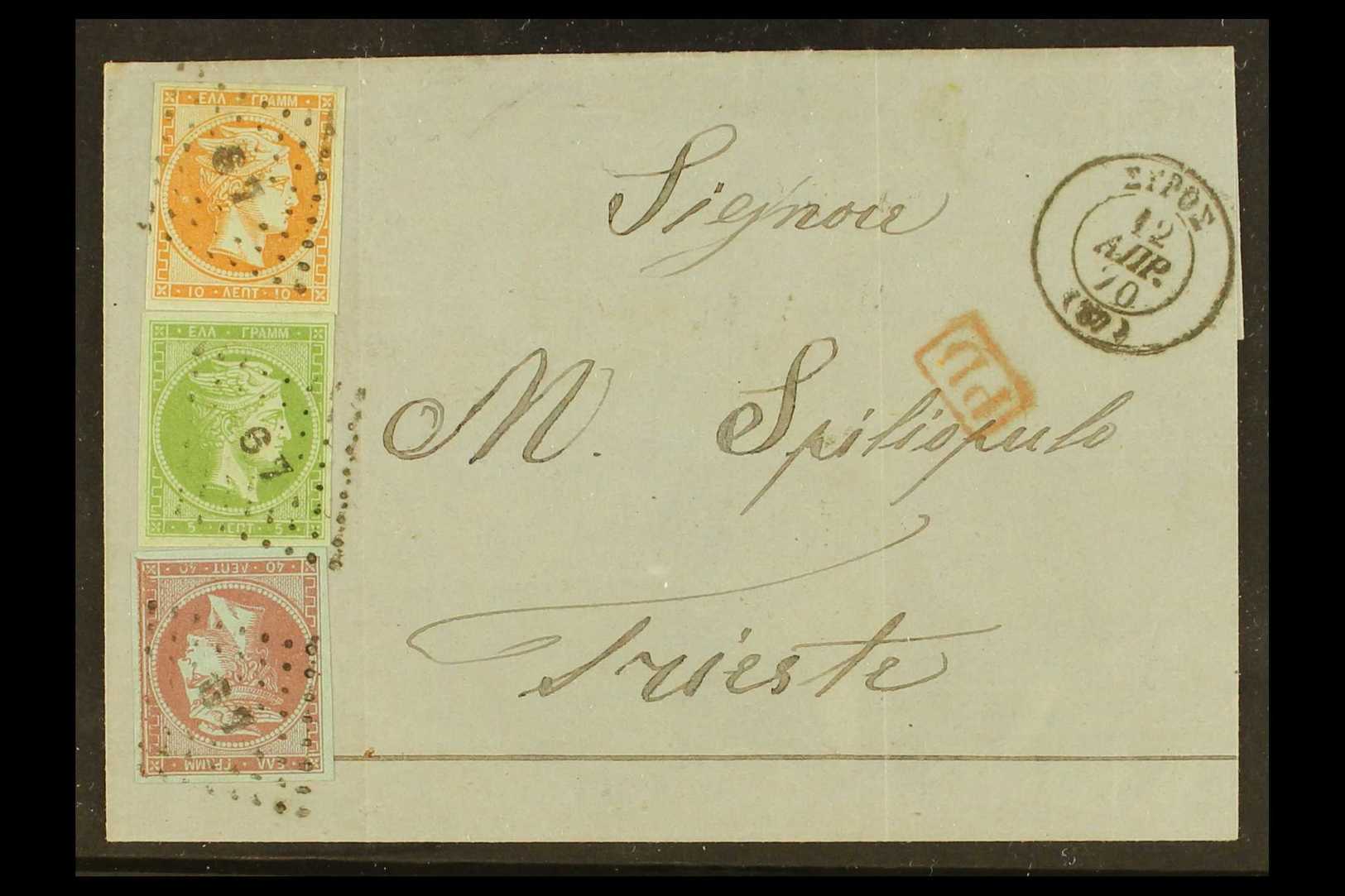 1870 THREE-COLOURS FRANKING.  1870 (12 Apr) Entire Addressed To Trieste, Bearing 1867-69 5L, 10L & 40L Large Hermes Clea - Other & Unclassified