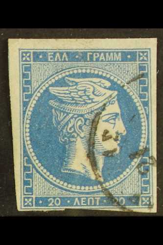 1871-76  20L Blue Mesh Paper (Hellas 41a, SG 42), Finely Cds Used Example With STRONG DOUBLING Of Control Number '20' On - Other & Unclassified