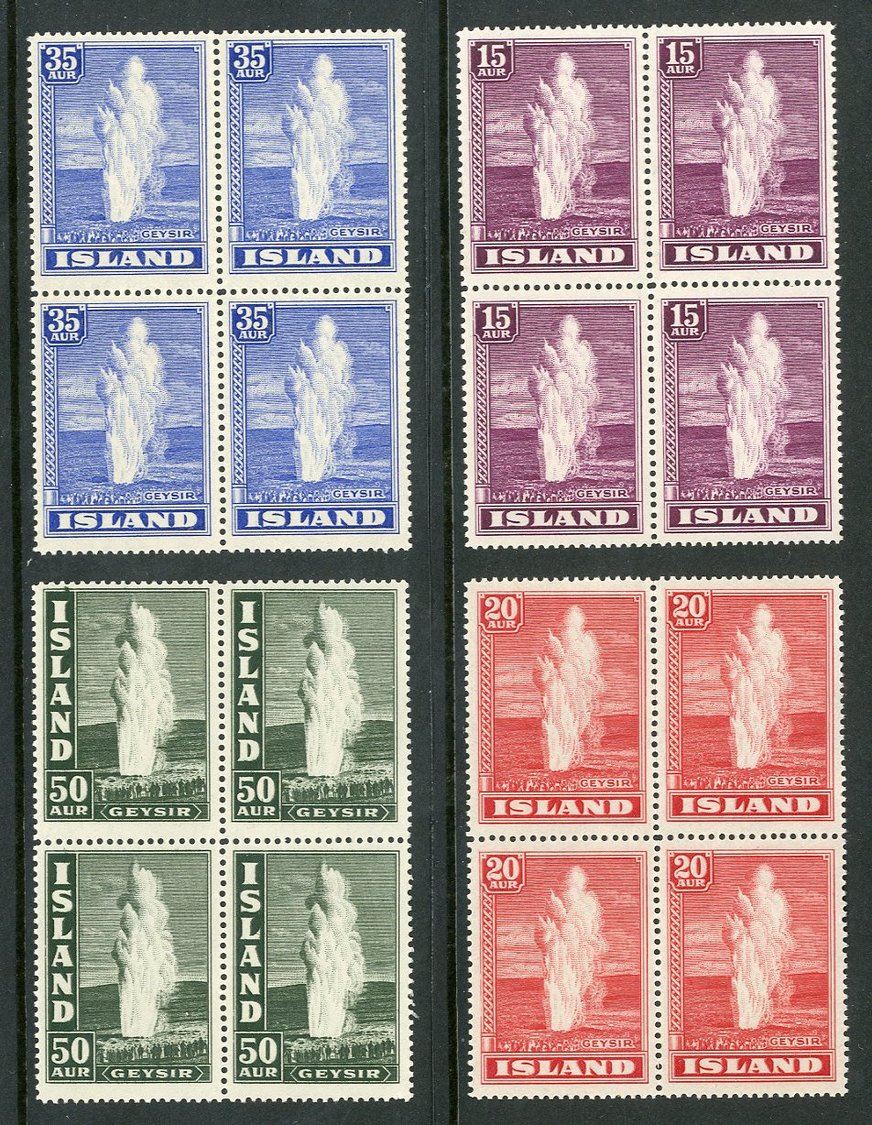 1938  Geyser - All 1938 Issued Values, Complete Set, Michel 193/6 (Facit 227/9 & 232), In Superb Never Hinged Mint Block - Other & Unclassified