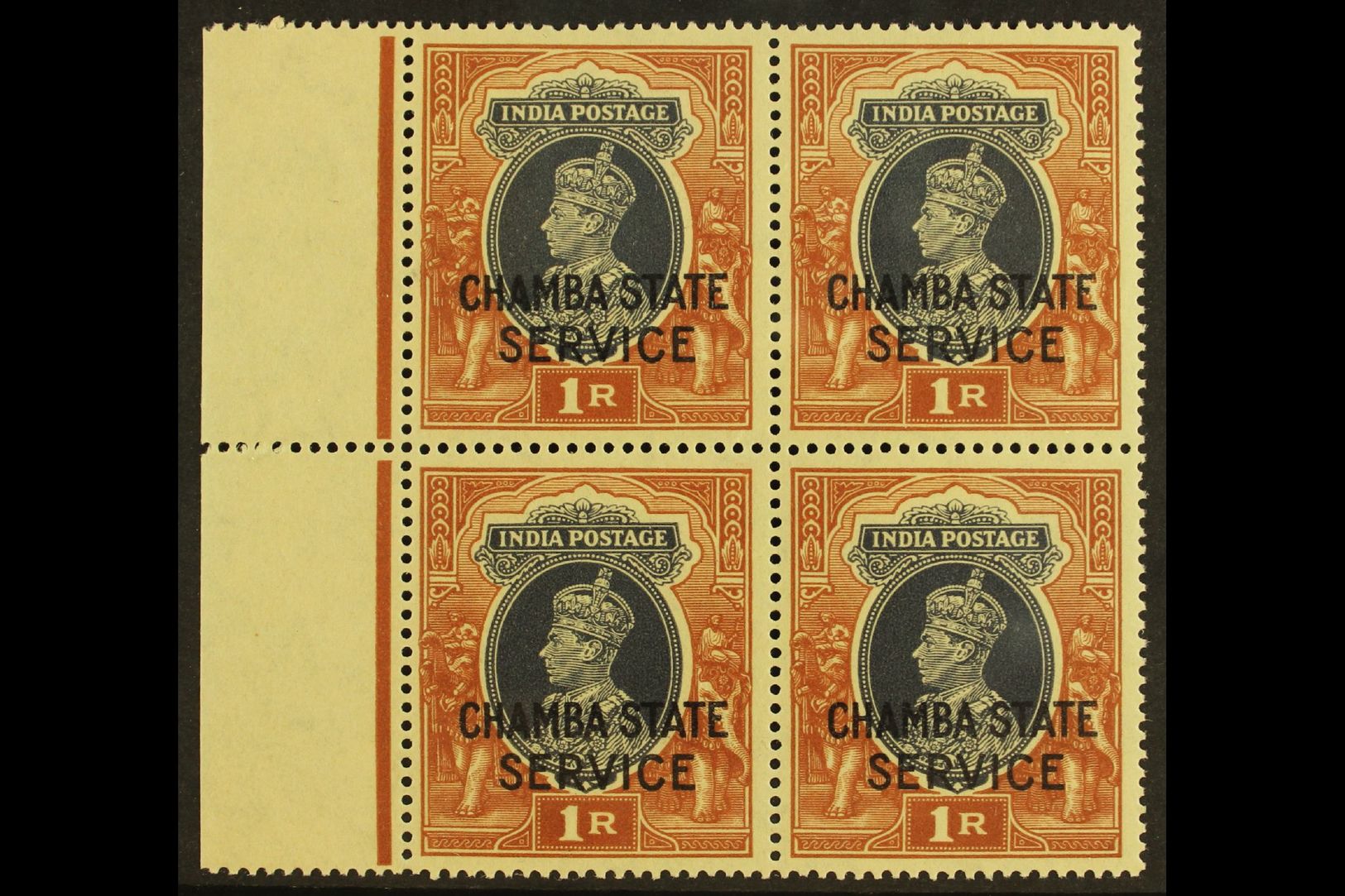 CHAMBA  OFFICIALS. 1938-40 1r Grey & Red Brown, SG O68, Never Hinged Mint Marginal Block Of 4, Very Lightly Toned Appear - Other & Unclassified