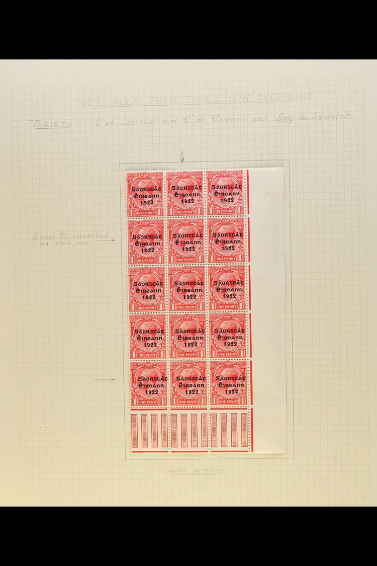 1922-23 SAORSTAT  S Over E Varieties, A Fine Mint Collection Of Positional Pieces Written Up On Pages, With ½d Block Of - Other & Unclassified