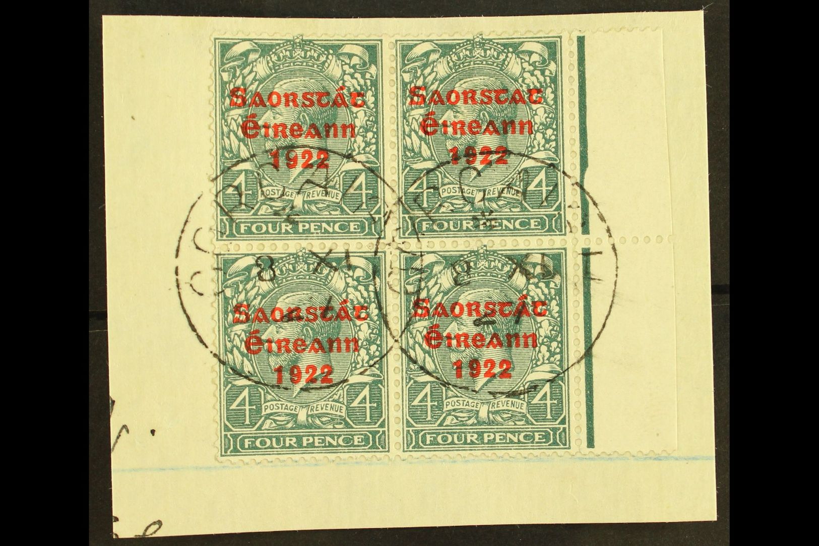 1922-23 SAORSTAT  4d Grey-green, Right Marginal Block Of Four, Showing NO ACCENT, SG 58a, On A Piece Tied By Cds's. For - Other & Unclassified