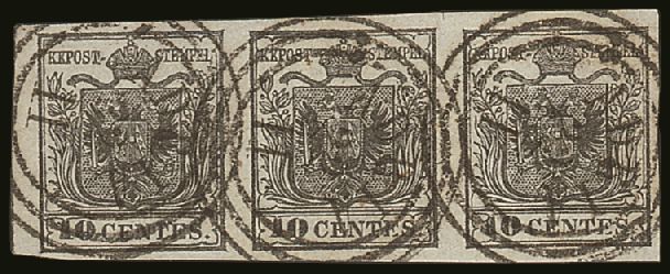 LOMBARDY-VENETIA  1850 10c Black On Hand-made Paper, Sassone 2, (Michel 2Xa), Used Strip Of 3 With Huge Margins And Pret - Other & Unclassified