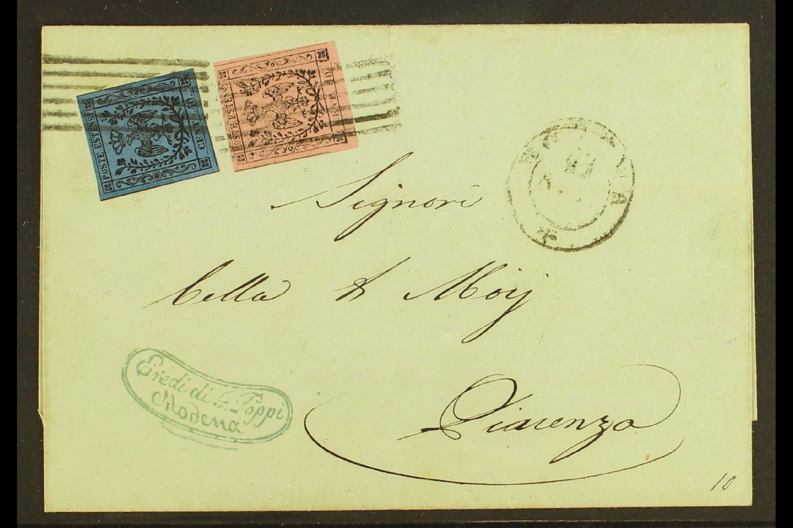 MODENA  1853 Cover To Piacenza Franked Modena 10c On Rose With Stop And 40c On Deep Blue With Stop (Sass 9 & 10) Tied By - Other & Unclassified