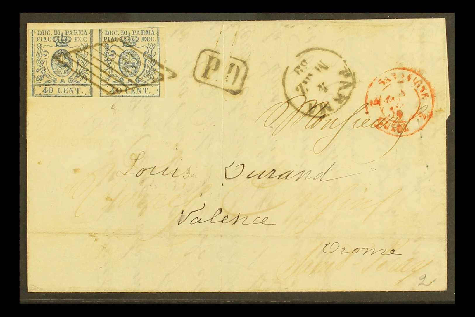PARMA  1859 Cover To France Franked 40c Blue Horizontal Pair, Showing The Variety "Thin And Fat O In Pair", Sass 11d, Cu - Other & Unclassified
