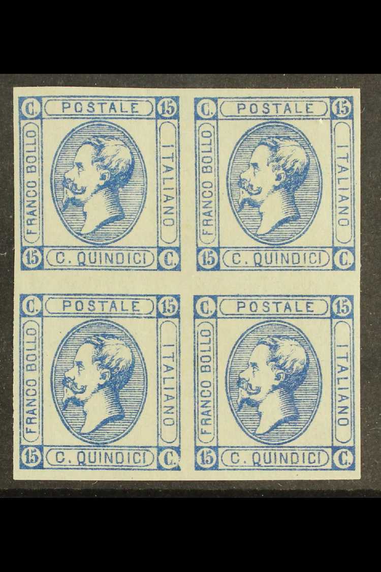 1863  15c Blue VE II, Sass 12, Superb Mint Block Of 4, (2 Og, 2nhm), Signed Diena And Bolaffi With Diena Cert. Rare And - Other & Unclassified