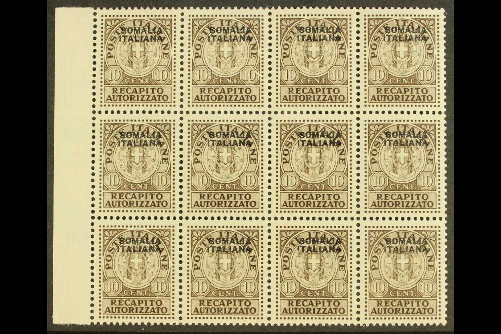 SOMALIA  1939 10c Brown Recapito Autorizzato, Sass 1, Superb NEVER HINGED MINT Marginal Block Of 12. Each Signed Stamp D - Other & Unclassified