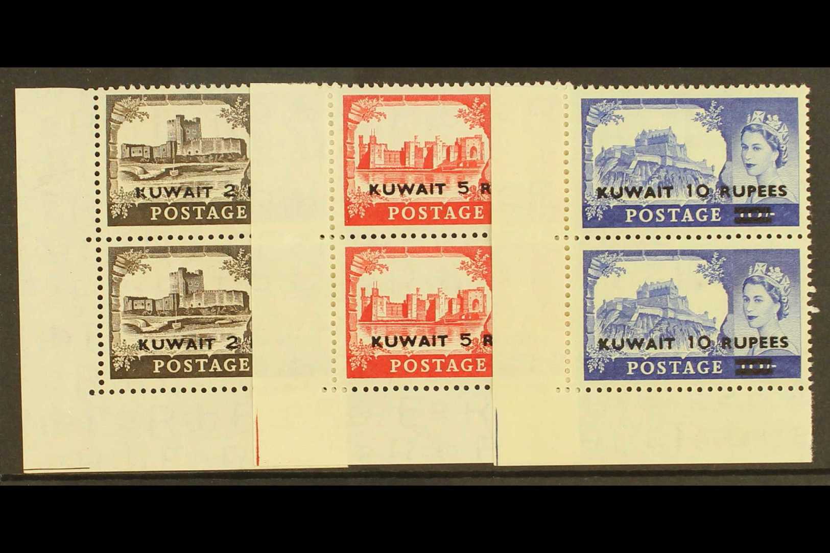 1955-57 NHM TYPE II  "Castles" High Values Type II Opt'd, SG 107a/09a, CORNER Vertical Pairs, Never Hinged Mint. Scarce! - Other & Unclassified