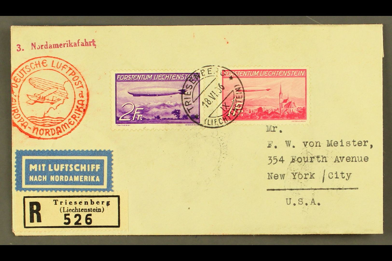 1936 ZEPPELIN FLIGHT.  (18 June) Registered Cover To USA, Bearing 19365 Zeppelin Set (Michel 149/50, SG 151/52) Tied By - Other & Unclassified