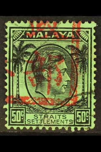 MALACCA  1942 50c Black On Emerald, Straits Settlements, With Part "Malacca Chop" Overprint, SG J54, Superb Used. Rare S - Other & Unclassified