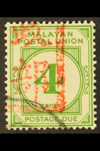 MALACCA  1942 4c Green, Straits Settlements Postage Due, With Part "Malacca Chop", SG JD12, Superb Used. Scarce Stamp, O - Other & Unclassified