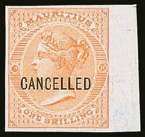 1863  1s Yellow De La Rue (SG 68) IMPERFORATE PROOF OPT'D "CANCELLED" On White Card With 4 Good Margins (selvage At Righ - Other & Unclassified