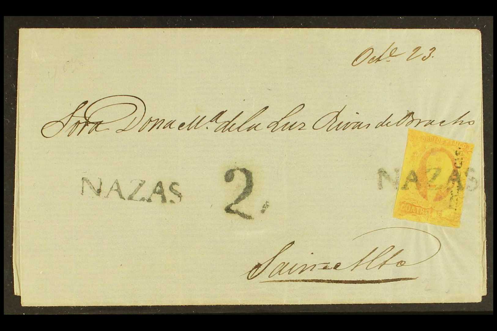 ZACATECAS DISTRICT  Cover From Nazas To Sain Alto Bearing 1861 4r Dull Rose On Yellow Paper (Scott 10), Tied By Straight - Other & Unclassified