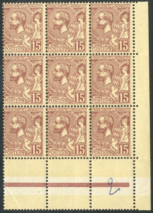 1901 VARIETY  To The 15c Purple-brown On Yellow, Yv 24, A Superb Never Hinged Mint Corner POSITIONAL BLOCK OF NINE With - Other & Unclassified