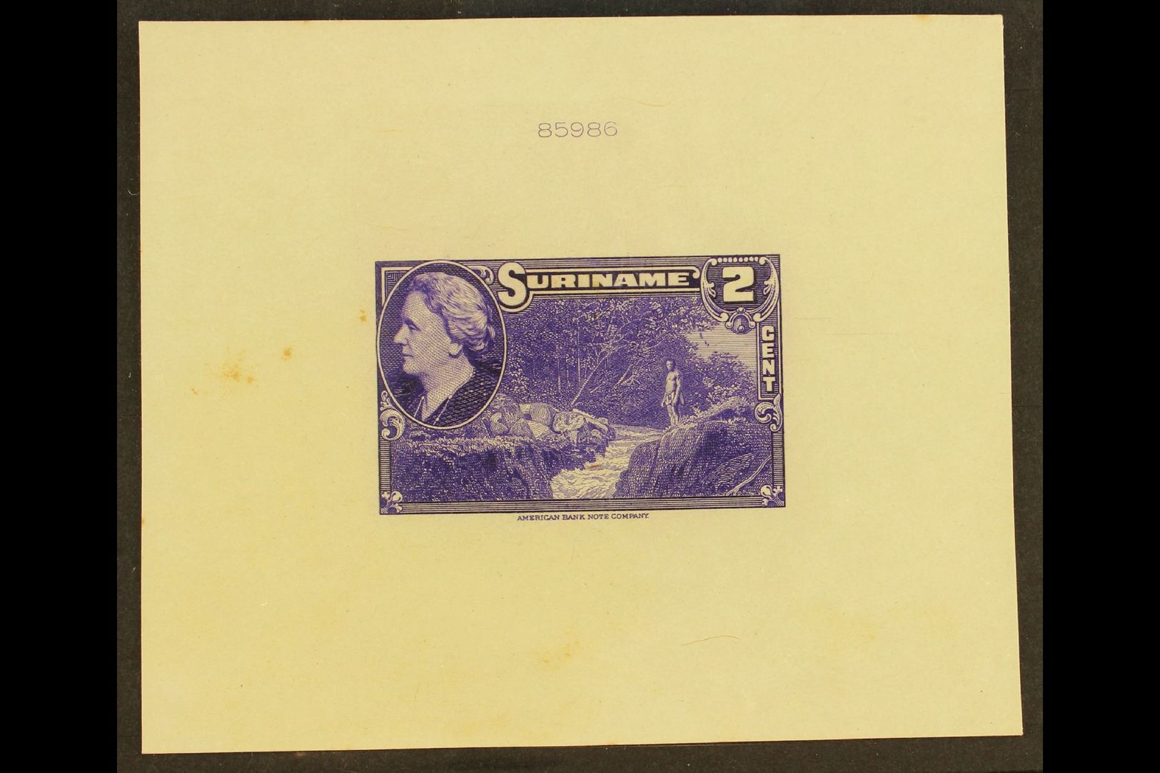 SURINAM  1945 2c Violet Native And Stream (as SG 315, Scott 186) - An American Bank Note Company DIE PROOF On Card, Over - Other & Unclassified