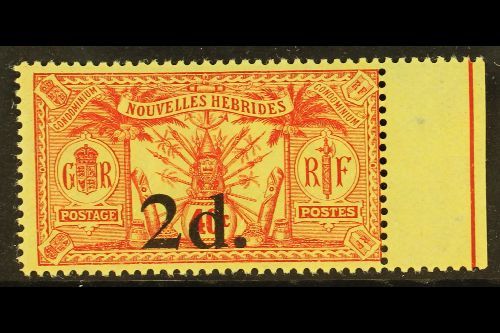 ENGLISH: 1920-21  2d On 40c French Paper, SG 35, Right Marginal Example, Superb Mint Never Hinged Mint. For More Images, - Other & Unclassified