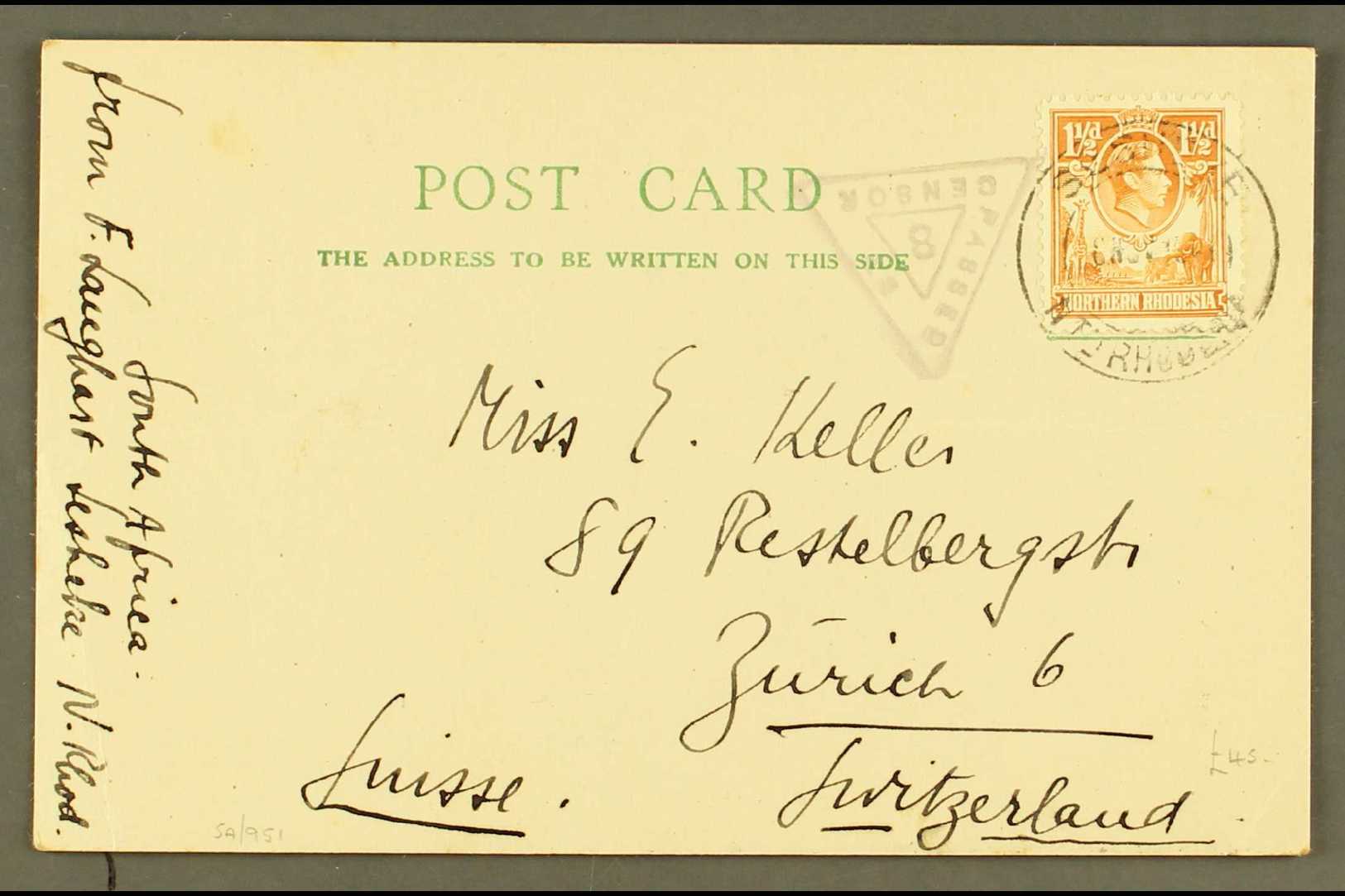 1941  (Sept) Postcard To Switzerland, Bearing 1½d Orange Tied Sesheke Cds, Triangular "PASSED BY CENSOR/8". For More Ima - Other & Unclassified