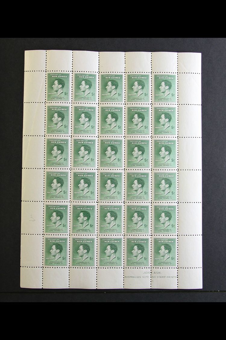 1937  5d Green Coronation, SG 210, A Complete Never Hinged Mint Sheet Of Twenty Five From Plate 2a Showing The "RE-ENTRY - Other & Unclassified