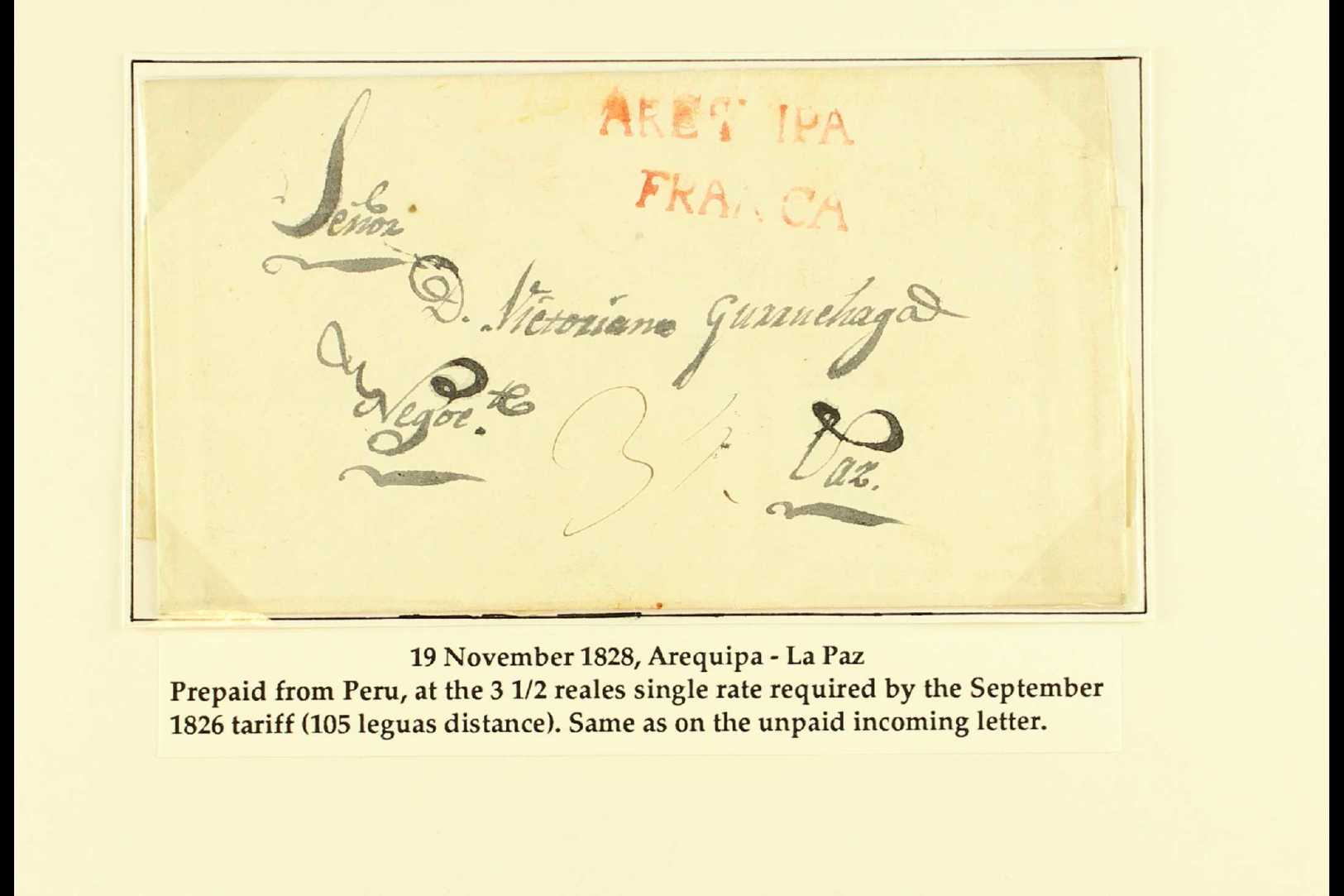 1828 ENTIRE LETTER TO BOLIVIA  1828 (19 Nov) EL From Arequipa To La Paz Showing The Peruvian Single Rate Of 3½r In Manus - Other & Unclassified