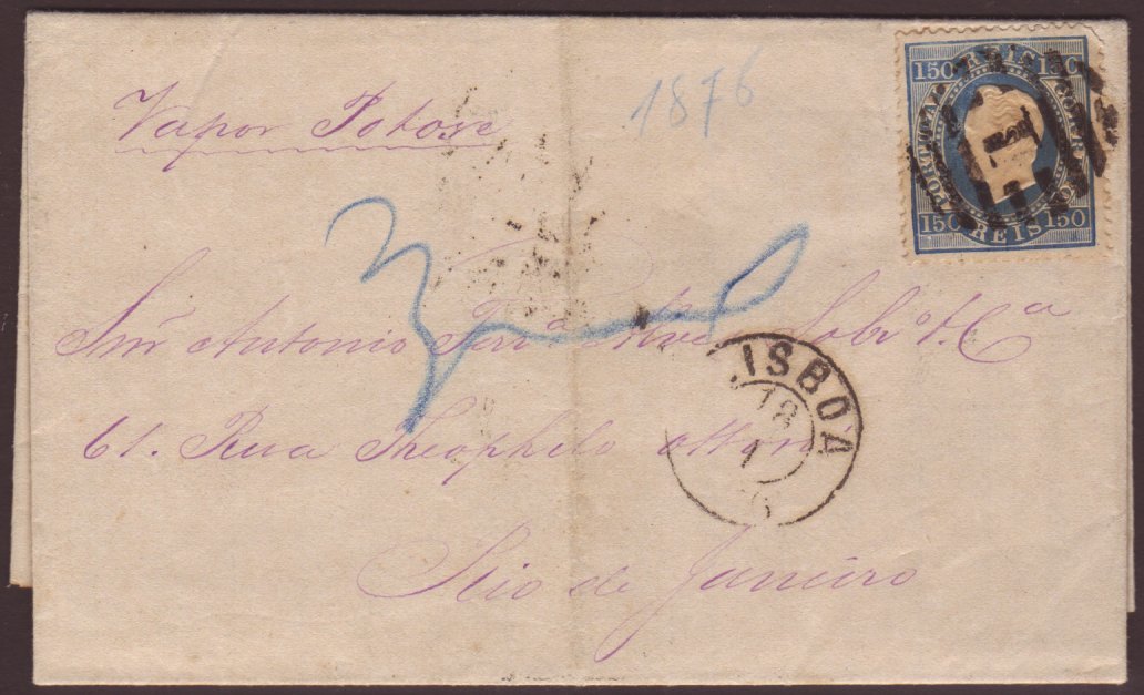 1876  Entire To Brazil Bearing 1870 50r Blue 'Straight Label', Perf 12½, SG 87, Tied By Neat '1' Numeral Cancel, 'Rio De - Other & Unclassified