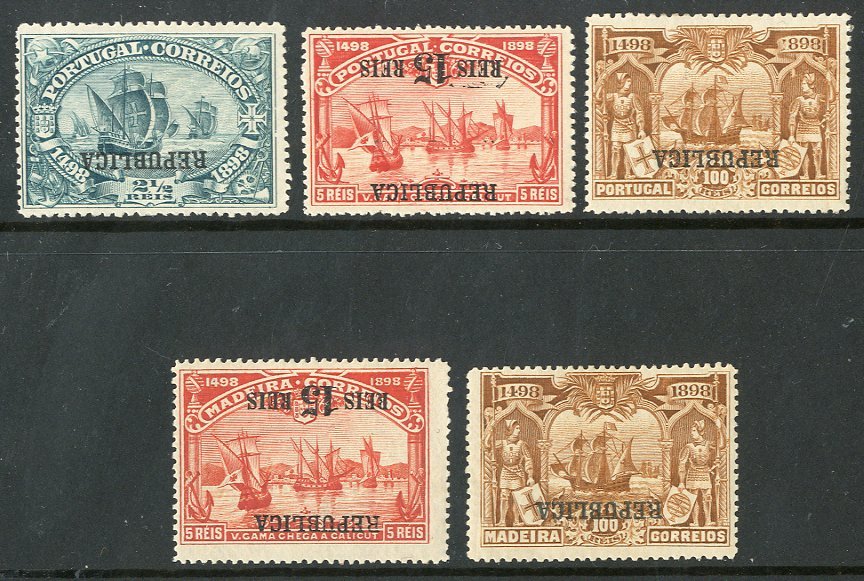 1911  2½r, 15r On 5r & 100r Vasco (Portugal) And 15r On 5r & 100r Vasco (Madeira) All With "Republica" INVERTED OVERPRIN - Other & Unclassified