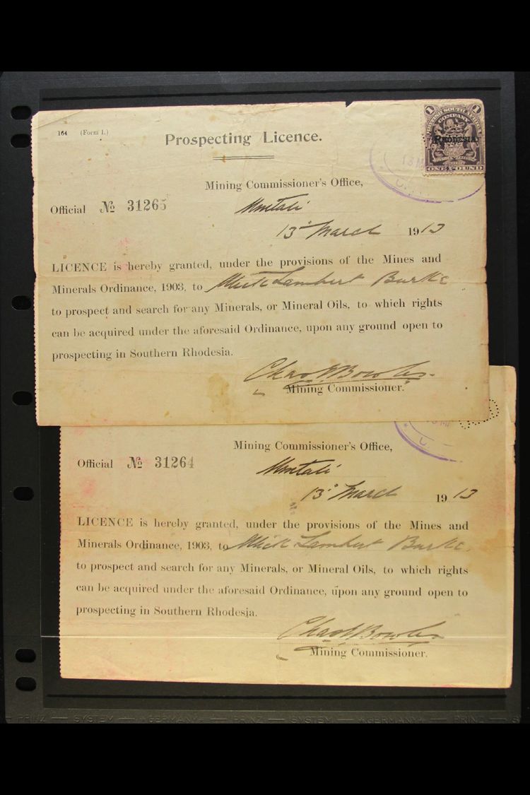 1913 PROSPECTING LICENCE  Two Licences, Consecutive Numbers, Issued To Wick Lambert Burke On 13th March 1913, One With 1 - Other & Unclassified