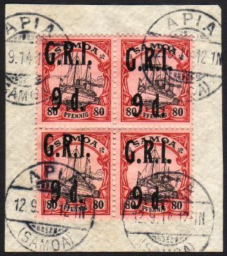 1914  (3 Sept) "G.R.I." Surcharge 9d On 80pf Black And Carmine/rose, SG 109, Very Fine Used BLOCK OF FOUR, On Piece Tied - Other & Unclassified
