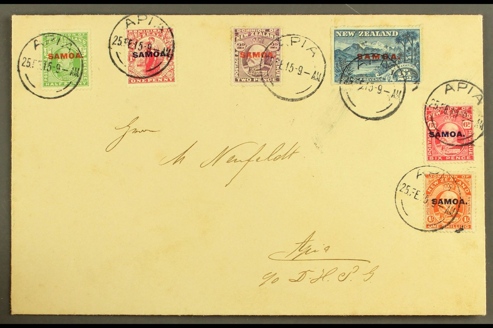 1915  KEVII New Zealand Overprints, Complete Set On Plain Cover, SG 115/21, Each With Clear Strike Of "APIA" 25.2.15 Pmk - Other & Unclassified