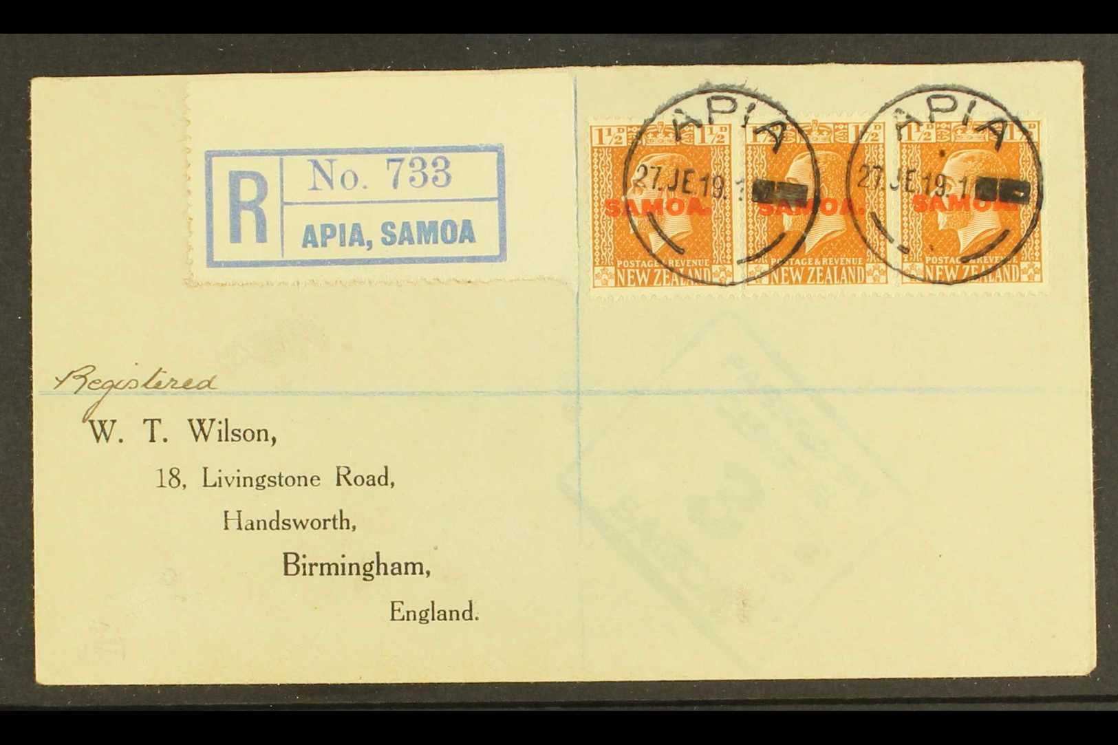 1922  Registered Cover To Birmingham Bearing Strip Of Three 1½d Orange Browns (SG 136) Tied Neat Apia Cds With "Apia, Sa - Other & Unclassified