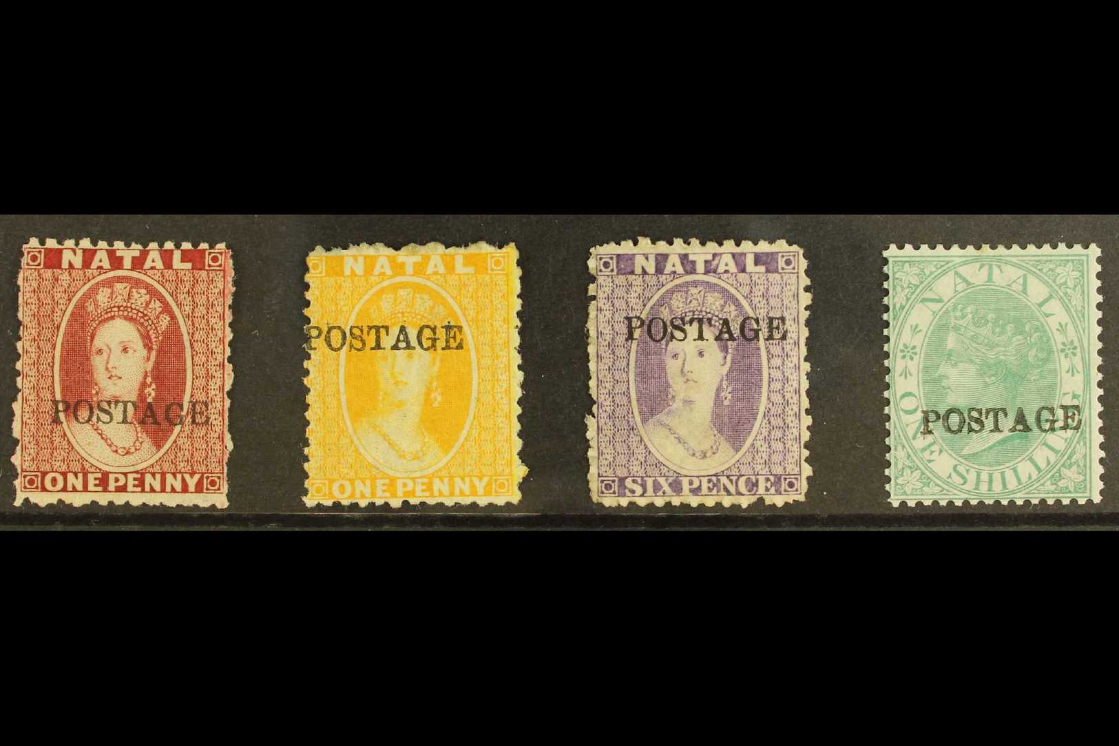 NATAL  1875-76 1d Rose, 1d Yellow, 6d Violet, And 1s Green With "POSTAGE" Overprints (14½mm Without Stop), SG 81/84, Fin - Other & Unclassified