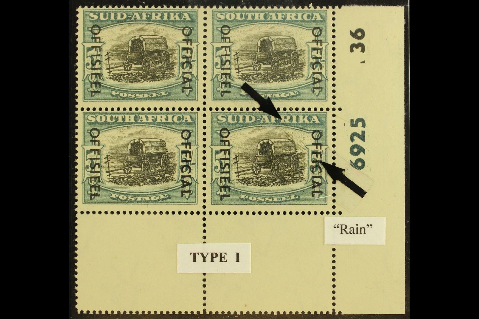 OFFICIAL  1950-4 5s Black & Pale Blue-green, On SG 122, Cylinder 6925 36 Block Of Four With "Rain" Variety On R20/6, SG - Other & Unclassified