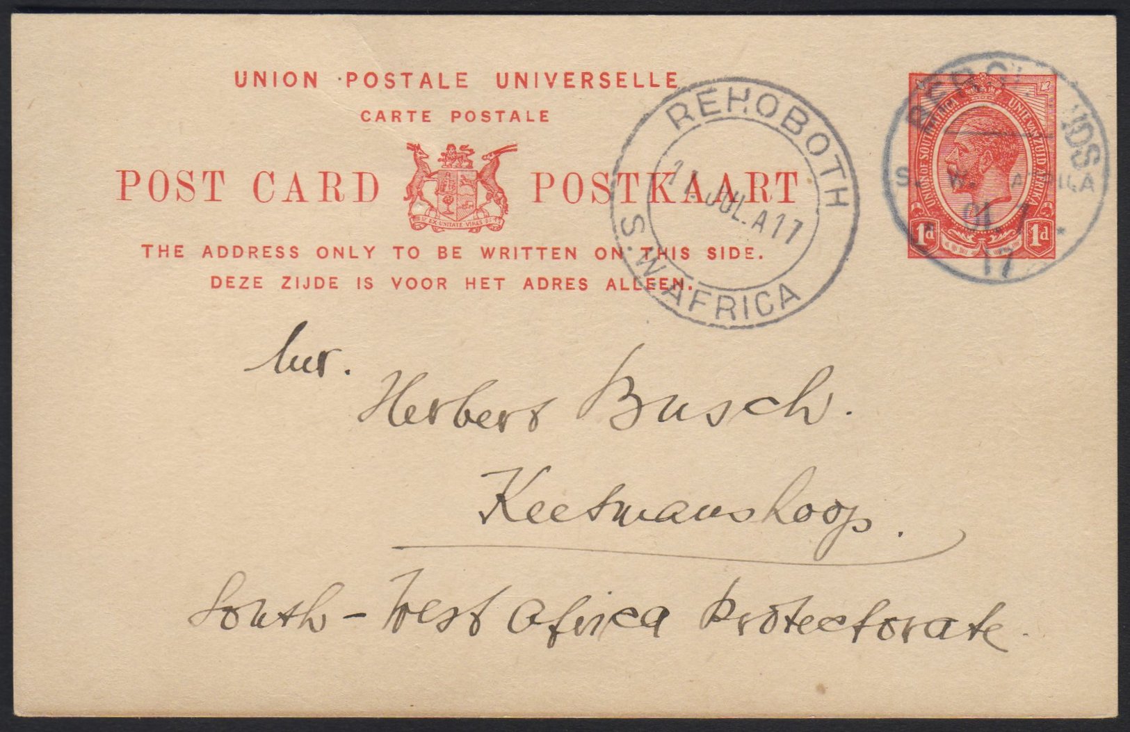 1917  (10 Jul) 1d Union Postal Card To Keetmanshoop With Fine "BERGLANDS" Cds Postmark, Putzel Type B1 Oc (showing "01.7 - Other & Unclassified