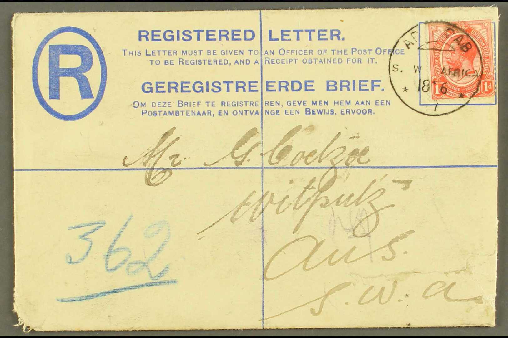 1917  (18 Jun) 4d Blue Registered Envelope To Aus Uprated With 1d Union Stamp Tied By Fine "AR OAB" Altered German Cds P - Other & Unclassified