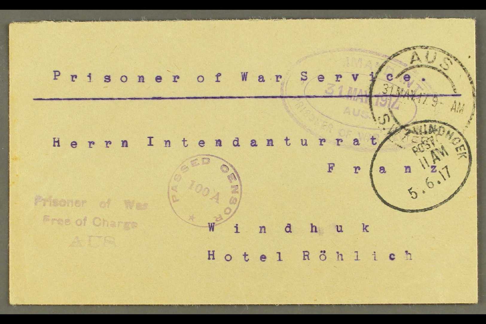 1917  (31 May) Stampless Env Endorsed On Reverse By "Oberleutnant Von Lossnitzer / Camp Aus / Date" From Aus Camp Addres - Other & Unclassified