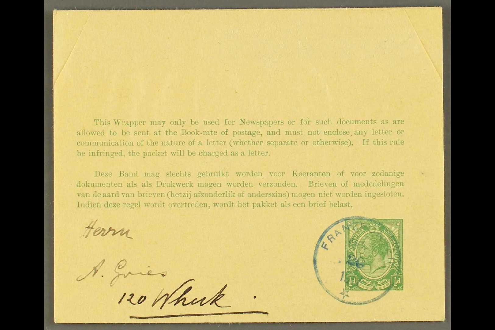 1917  (June) ½d Green On Buff Postal Wrapper To Windhuk Showing A Very Fine "FRANZFONTEIN" Cds Postmark In Blue, Putzel - Other & Unclassified
